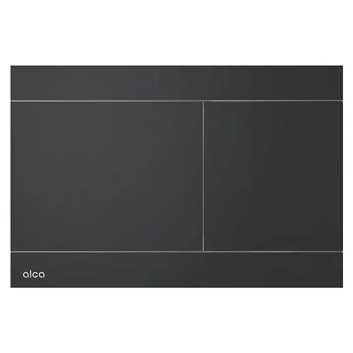 Alcadrain Betätigungsplatte FUN-BLACK - Schwarz Matt - Dunkelgraue matte Doppelspülplatte mit zwei Spültasten und alca-Logo.