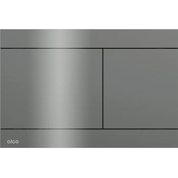 Alcadrain Betätigungsplatte FUN-GM-P - Gun-metal - Gebürstete Metall-Betätigungsplatte in Grau mit zwei Spültasten und „alca“-Logo.