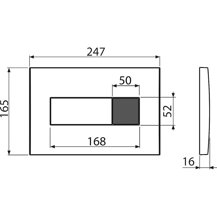 Alcadrain Betätigungsplatte M370S - Weiß - Bemaßte Zeichnung einer rechteckigen weißen Platte, 247x165mm, mit einem 168x52mm Ausschnitt, einschließlich eines 50mm dunklen Bereichs, und 16mm Tiefe.