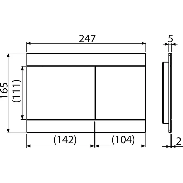 Alcadrain Betätigungsplatte FUN-WHITE - Weiß - Technische Zeichnung einer rechteckigen Platte, Vorder- und Seitenansicht, mit Gesamtmaßen 247x165x5 Einheiten und internen Sektionen.