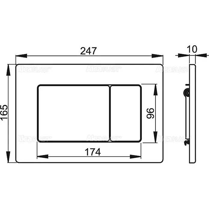 Alcadrain Betätigungsplatte M279 - Metalloptik - Technisches Diagramm einer rechteckigen Zwei-Mengen-Toiletten-Spülplatte, 247x165x10mm, mit zwei rechteckigen Tasten.