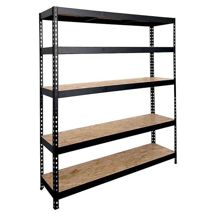 Regalux Metallregal Rivet Atlas - H x B x T: 180 x 160 x 40 cm, Traglast pro Boden: 250 kg, Anzahl Böden: 5 Stk., Stecken, Schwarz - Fünfstöckiges schwarzes Metallregal mit hellen Holzablagen zur Aufbewahrung.