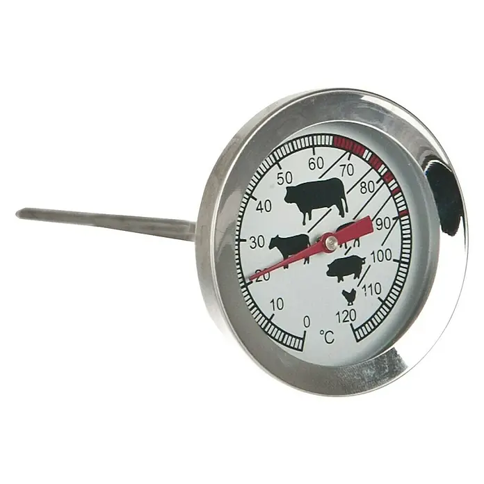 Westline Räucher-& Fleischthermometer - 120 °C - Nahaufnahme eines runden Fleischthermometers aus Metall mit einer analogen Anzeige von 0 bis 120 Grad Celsius und Tierbildern.