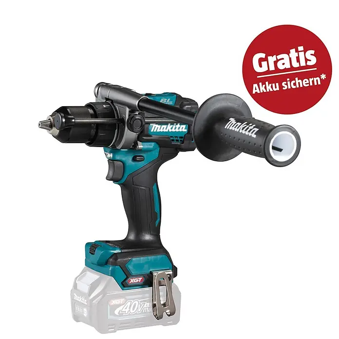 Makita XGT 40V max. Akku-Schlagbohrschrauber HP001GZ - 40 V, Ohne Akku - Türkis, schwarze und graue Makita Akku-Bohrhammer mit Seitenhandgriff, betrieben mit einem 40V XGT Akku.