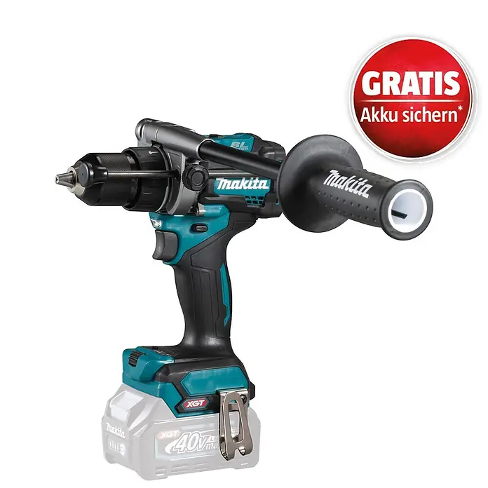 Makita XGT 40V max. Akku-Schlagbohrschrauber HP001GZ - 40 V, Ohne Akku - Türkis, schwarze und graue Makita Akku-Bohrhammer mit Seitenhandgriff, betrieben mit einem 40V XGT Akku.