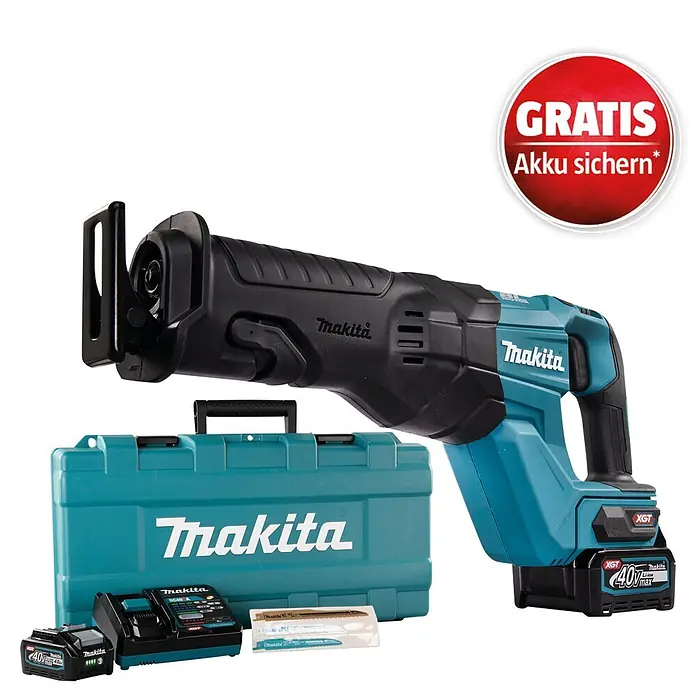 Makita XGT 40V max. Akku-Säbelsäge JR001GM201 - 40 V, 2 Akkus, 4 Ah, Leerlaufhubzahl: 0 /min - 3.000 /min - Ein teal-schwarzes Makita Akku-Säbelsägen-Set mit Tragekoffer, Ladegerät, zwei 40V Max XGT Akkus und einem roten "GRATIS Akku sichern*" Hinweis.