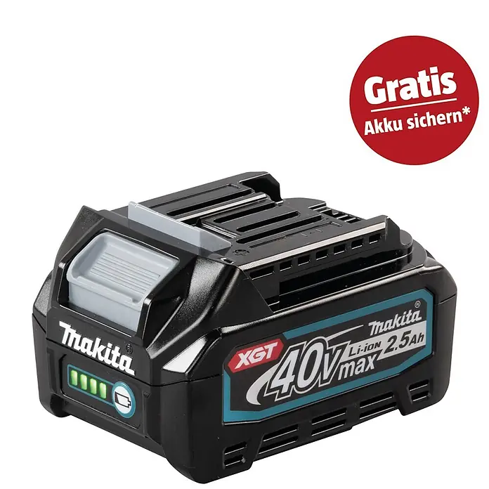 Makita XGT 40V max. Akku BL4025 - 40 V, 2,5 Ah - Schwarzer Makita XGT 40V max 2.5Ah Li-ion Akku mit hellgrauen Details, grüner LED-Ladeanzeige und rotem 'GRATIS Akku sichern' Aufkleber.