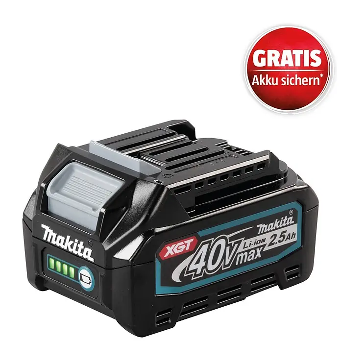 Makita XGT 40V max. Akku BL4025 - 40 V, 2,5 Ah - Schwarzer Makita XGT 40V max 2.5Ah Li-ion Akku mit hellgrauen Details, grüner LED-Ladeanzeige und rotem 'GRATIS Akku sichern' Aufkleber.