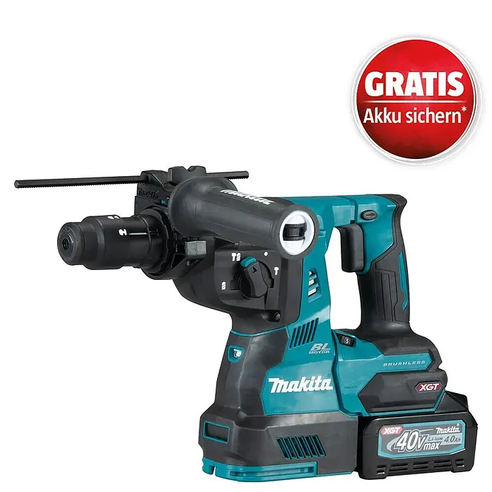 Makita XGT 40V max. Akku-Kombihammer HR004GM201 - 40 V, 2 Akkus, 2,9 J - Makita XGT 40V Akku-Bohrhammer in Türkis und Schwarz mit 4.0Ah Akku und rotem Gratis-Akku-Sichern-Badge.