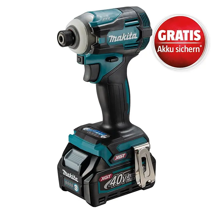 Makita XGT 40V max. Akku-Schlagschrauber TD001GD201 - 40 V, 2 Akkus, 2,5 Ah - Makita 40V Akku-Schlagschrauber in Schwarz und Türkis mit XGT-Akku, inkl. Gratis-Akku-Aktion.