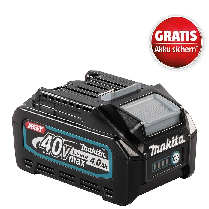 Makita XGT 40V max. Akku BL4040 - 40 V, 4 Ah - Schwarzer Makita XGT 40V max 4.0Ah Li-Ion Akku mit blauen Etiketten und rotem "GRATIS Akku sichern" Aufkleber.