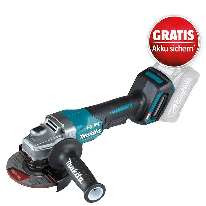Makita XGT 40V max. Akku-Winkelschleifer GA013GZ - Ohne Akku, Leerlaufdrehzahl: 8.500 U/min - Makita Akku-Winkelschleifer in Türkis/Schwarz mit 40V Akku und rotem 'GRATIS Akku sichern*' Aufkleber.