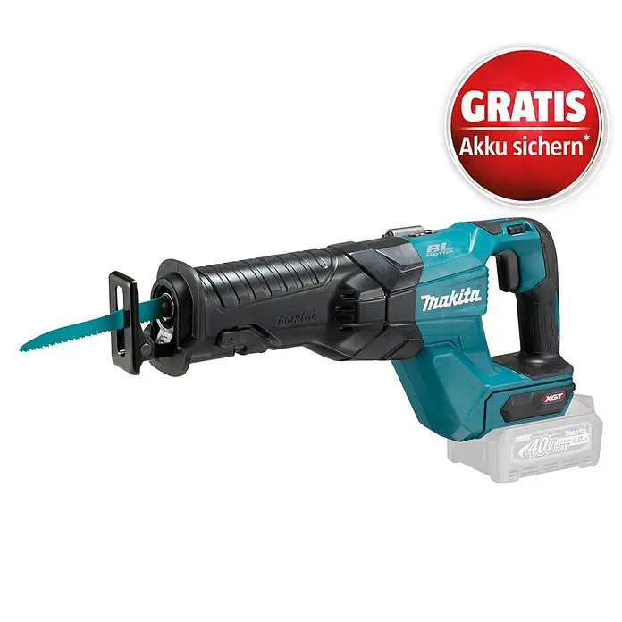 Makita XGT 40V max. Akku-Säbelsäge JR001GZ - 40 V, Ohne Akku, Leerlaufhubzahl: 0 /min - 3.000 /min - Makita teal und schwarze Akku-Säbelsäge mit XGT-Akku und rotem Aktionsbadge "GRATIS Akku sichern*".