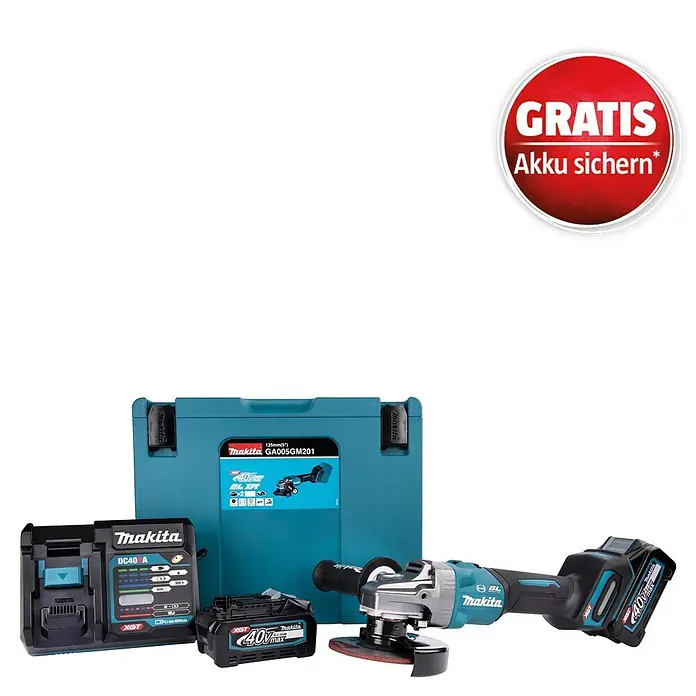 Makita XGT 40V max. Akku-Winkelschleifer GA005GM201 - 2 Akkus, 4 Ah, Leerlaufdrehzahl: 8.500 U/min - Makita XGT 40Vmax Akku-Winkelschleifer, Akku, Ladegerät und türkise Tragetasche, mit "Gratis Akku" Angebot.