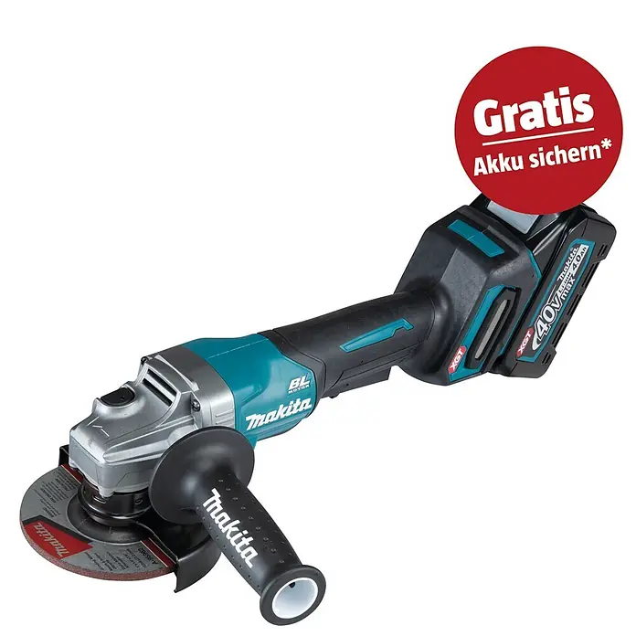 Makita XGT 40V max. Akku-Winkelschleifer GA016GM201 - 40 V, 2 Akkus, 4 Ah, Leerlaufdrehzahl: 8.500 U/min - Makita Akku-Winkelschleifer in Türkis, Schwarz und Silber, mit 40V-Akku und rotem 'GRATIS Akku sichern*' Aufkleber.
