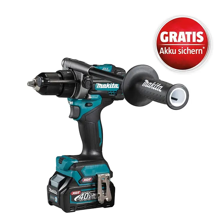 Makita XGT 40V max. Akku-Schlagbohrschrauber HP001GD201 - 40 V, 2 Akkus, 2,5 Ah, 41 Nm - Makita Akku-Bohrschrauber in Schwarz und Türkis mit Zusatzhandgriff und Akku. Ein leistungsstarker XGT 40V max Schlagbohrer.