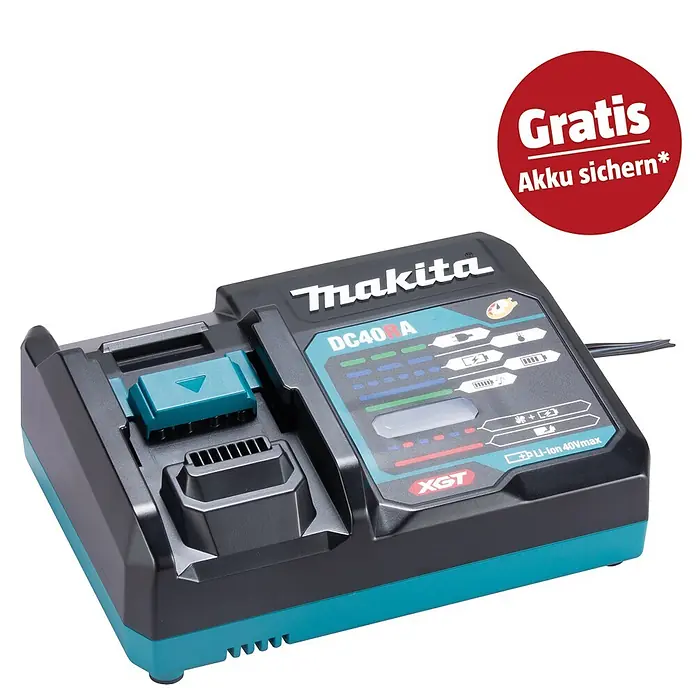 Makita XGT 40V max. Schnellladegerät DC40RA - Passend für: Makita 40 V max. XGT-Akkus - Makita DC40RA Akkuladegerät in Schwarz und Türkis für Li-Ion 40Vmax Akkus mit Statusanzeigen.