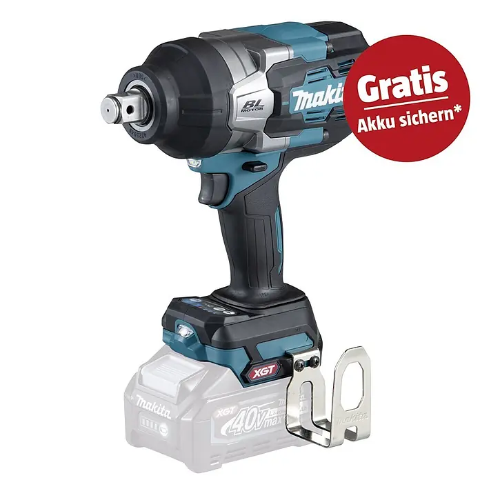 Makita XGT 40V max. Akku-Schlagschrauber TW001GZ - 40 V, Ohne Akku - Makita XGT 40V max Akku-Schlagschrauber in Türkis, Schwarz und Silber mit „Gratis Akku sichern“ Aufkleber.