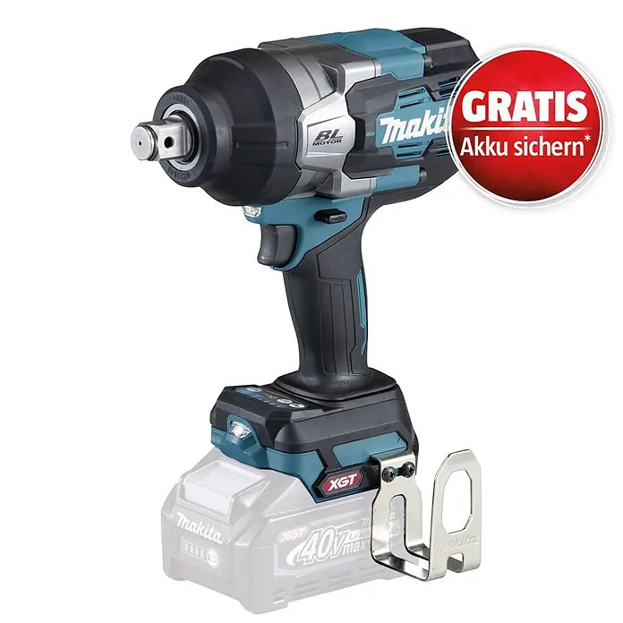 Makita XGT 40V max. Akku-Schlagschrauber TW001GZ - 40 V, Ohne Akku - Makita XGT 40V max Akku-Schlagschrauber in Türkis, Schwarz und Silber mit „Gratis Akku sichern“ Aufkleber.