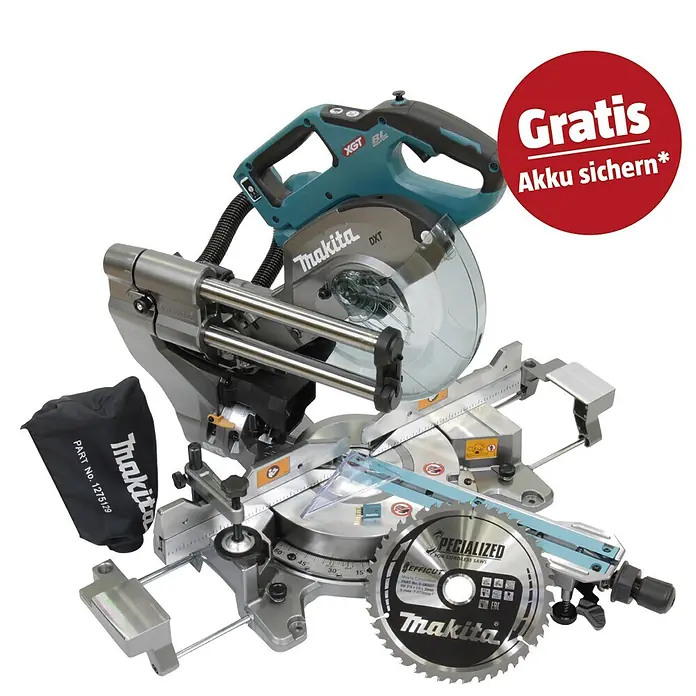 Makita XGT 40V max. Akku-Kapp- & Gehrungssäge LS002GZ01 - 40 V, Ohne Akku, 4.800 U/min - Türkis-graue Makita XGT Akku-Kappsäge mit Kreissägeblatt, Staubfangsack, extra Sägeblatt und rotem 'GRATIS Akku sichern' Aufkleber.