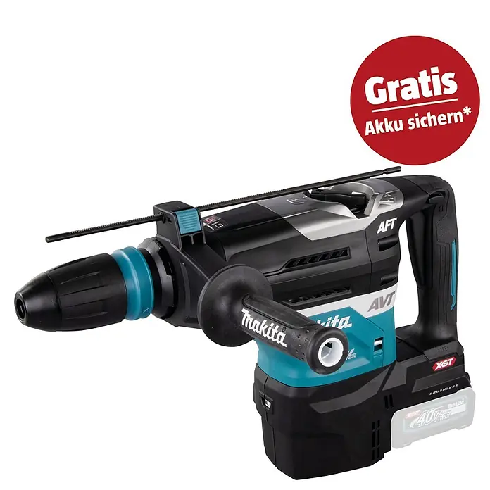 Makita XGT 40V max. Akku-Kombihammer HR005GZ01 - 40 V, Ohne Akku, 8 J - Schwarzer und türkiser Makita XGT 40V max Akku-Bohrhammer mit Seitenhandgriff und Tiefenanschlag, inklusive Aktionsaufkleber.