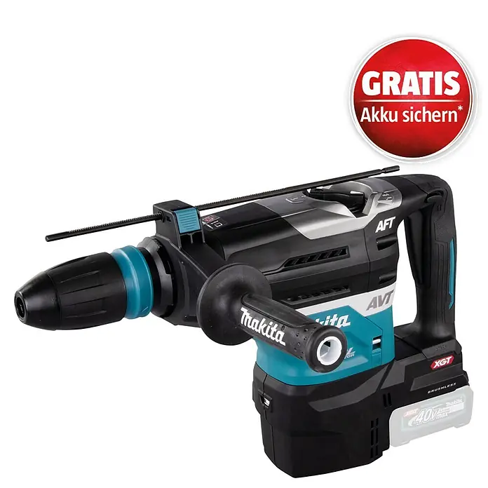 Makita XGT 40V max. Akku-Kombihammer HR005GZ01 - 8 J, 40 V, Ohne Akku - Schwarzer und türkiser Makita XGT 40V max Akku-Bohrhammer mit Seitenhandgriff und Tiefenanschlag, inklusive Aktionsaufkleber.