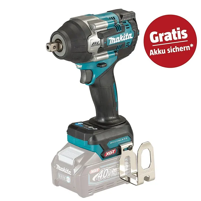 Makita XGT 40V max. Akku-Schlagschrauber TW008GZ - 40 V, Ohne Akku, 760 Nm - Makita 40V XGT Akku-Schlagschrauber in Türkis-Schwarz mit Akku und Gürtelclip, dazu ein Aufkleber „GRATIS Akku sichern*“.