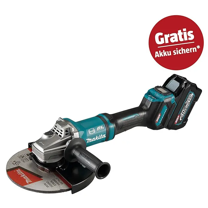 Makita XGT 40V max. Akku-Winkelschleifer GA038GT201 - 40 V, 2 Akkus, 5 Ah, Durchmesser Scheibe: 230 cm - Makita XGT 40V max Akku-Winkelschleifer in Türkis, Schwarz und Silber, ausgestattet mit Trennscheibe und Seitenhandgriff.