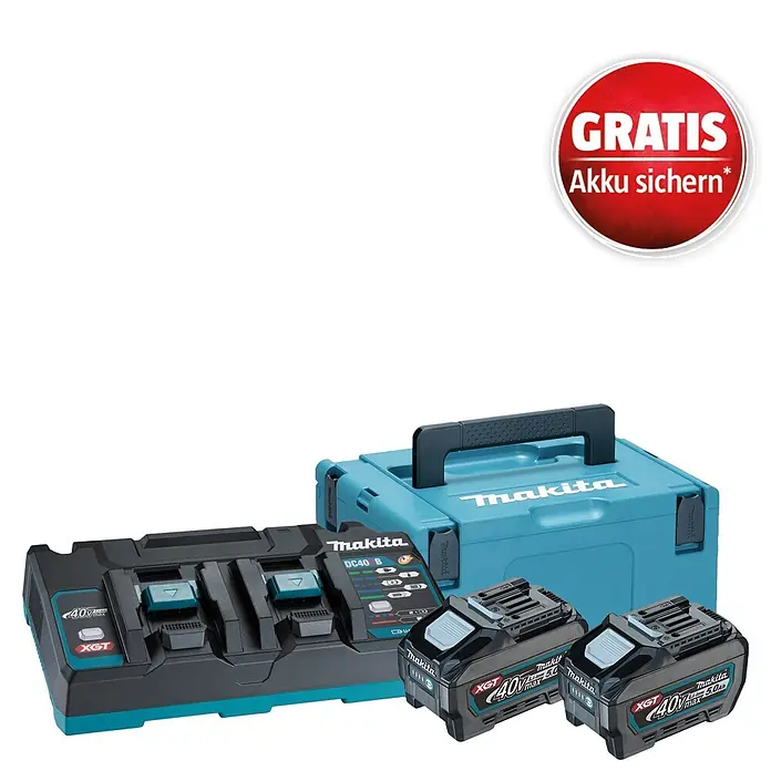 Makita XGT 40V max. Akku & Ladegerät 191U13-9 - 40 V, 2 Akkus, 5 Ah, Li-Ionen - Makita XGT 40V Doppel-Ladegerät, zwei 5.0Ah Akkus, türkiser Systainer-Werkzeugkoffer und "GRATIS Akku sichern"-Badge.