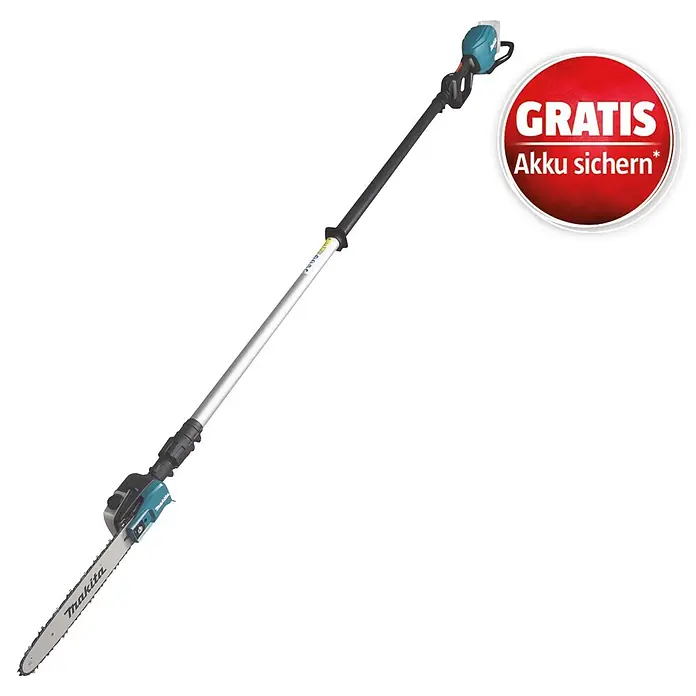 Makita XGT 40V max. Akku-Hochentaster UA004GZ - 40 V, Ohne Akku, Schwertlänge: 30 cm - Makita Akku-Hochentaster mit schwarzem und silbernem Teleskopschaft und türkisen Akzenten, ausgestattet mit einer Kettensäge für hohe Äste.
