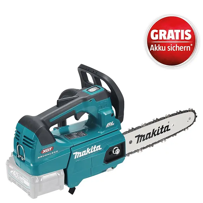 Makita XGT 40V max. Akku-Kettensäge UC002GZ - Li-Ionen, Ohne Akku, Schwertlänge: 25 cm - Türkis-schwarze Makita XGT 40V bürstenlose Akku-Kettensäge. Roter Aufkleber: 'GRATIS Akku sichern*'.