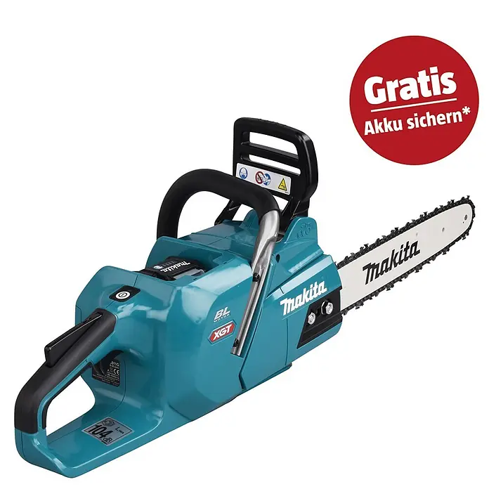 Makita XGT 40V max. Akku-Kettensäge UC011GT101 - 40 V, 5 Ah, Li-Ionen, 1 Akku, Schwertlänge: 35 cm - Makita Akku-Kettensäge in Türkis mit schwarzem Griff und silberner Schiene.