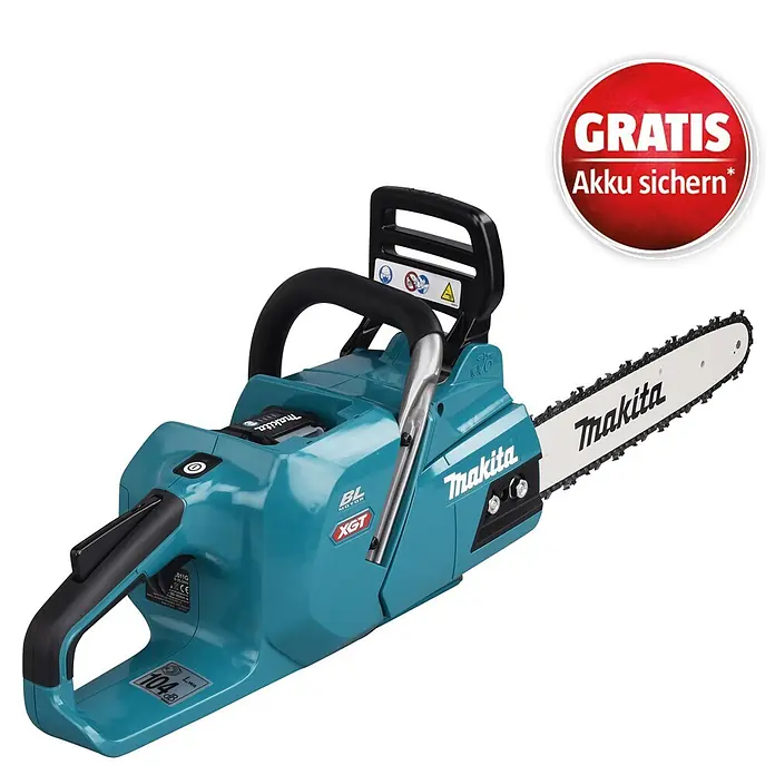 Makita XGT 40V max. Akku-Kettensäge UC011GT101 - 40 V, 5 Ah, Li-Ionen, 1 Akku, Schwertlänge: 35 cm - Makita Akku-Kettensäge in Türkis mit schwarzem Griff und silberner Schiene.