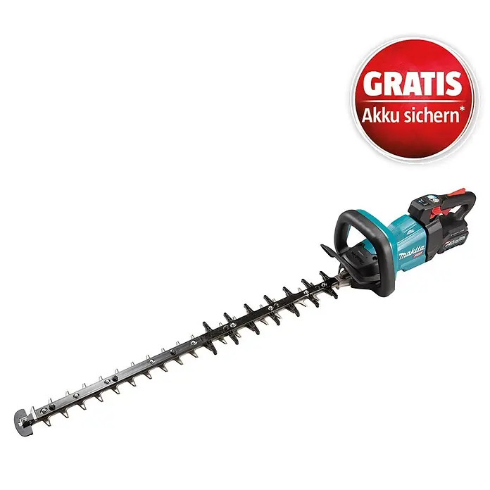 Makita XGT 40V max. Akku-Heckenschere UH007GD201 - 40 V, Li-Ionen, 2 Akkus, Schnittlänge: 75 cm - Makita Akku-Heckenschere mit langer Klinge, türkis/schwarzem Gehäuse und rotem "GRATIS Akku sichern*" Aufkleber.