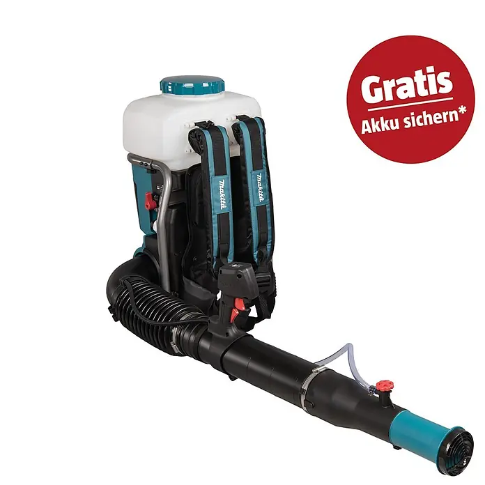 Makita XGT 40V max. Akku-Sprühgerät PM001GZ01 - 40 V, Ohne Akku, 15 l - Makita Rückensprühgerät, weißer Tank, türkise und schwarze Details, rote Bedienelemente.