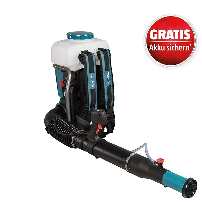 Makita XGT 40V max. Akku-Sprühgerät PM001GZ01 - 40 V, Ohne Akku, 15 l - Makita Rückensprühgerät, weißer Tank, türkise und schwarze Details, rote Bedienelemente.