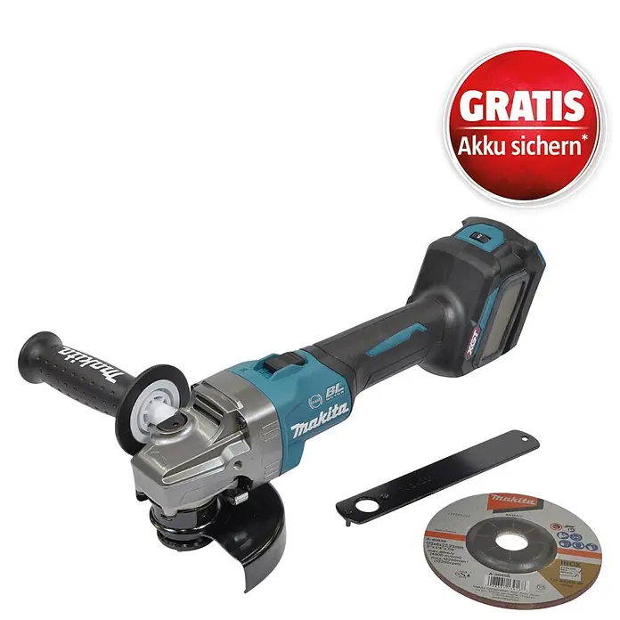 Makita XGT 40V max. Akku-Winkelschleifer GA023GZ - 40 V, Ohne Akku - Makita Akku-Winkelschleifer in Schwarz und Türkis mit Zusatzgriff, Schlüssel und Schleifscheibe.