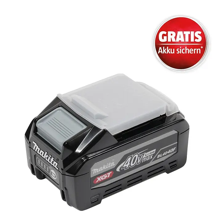 Makita XGT 40V max. Akku BL4040F - 40 V, 4 Ah, Li-Ionen - Makita 40V max XGT Li-ion Akku BL4040F, schwarz mit grauen Akzenten und einer transparenten weißen Anschlussabdeckung.