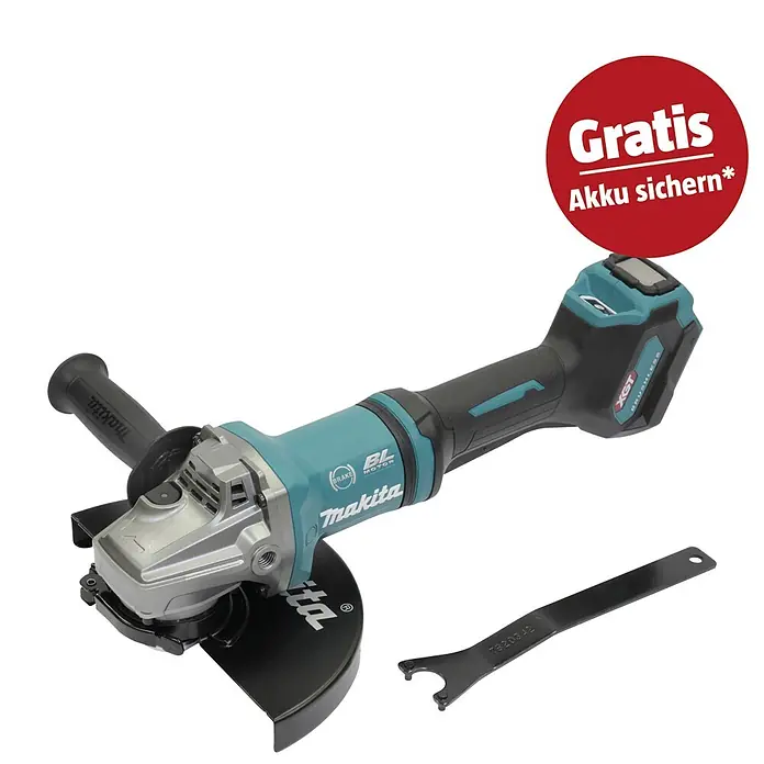 Makita XGT 40V max. Akku-Winkelschleifer GA038GZ - 40 V, Ohne Akku, Durchmesser Scheibe: 230 mm - Türkis-schwarzer Makita XGT Akku-Winkelschleifer mit silbernem Kopf, Seitenhandgriff, Schlüssel und rotem "GRATIS Akku sichern"-Aufkleber.