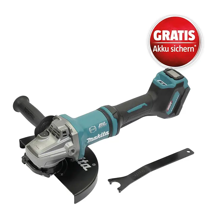 Makita XGT 40V max. Akku-Winkelschleifer GA038GZ - Ohne Akku, Durchmesser Scheibe: 230 mm - Türkis-schwarzer Makita XGT Akku-Winkelschleifer mit silbernem Kopf, Seitenhandgriff, Schlüssel und rotem "GRATIS Akku sichern"-Aufkleber.