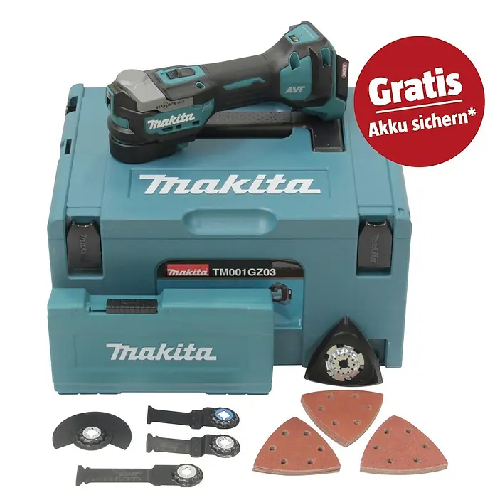 Makita XGT 40V max. Akku-Multifunktionswerkzeug TM001GZ03 - 40 V, Ohne Akku - Makita Akku-Multifunktionswerkzeug-Set in türkisem Koffer mit verschiedenen Klingen und Schleifpads.