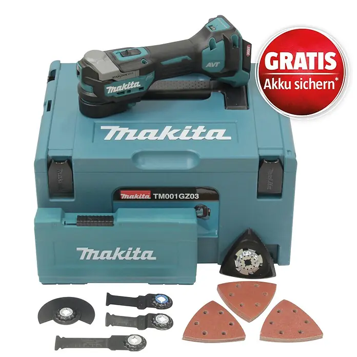 Makita XGT 40V max. Akku-Multifunktionswerkzeug TM001GZ03 - 40 V, Ohne Akku - Makita Akku-Multifunktionswerkzeug-Set in türkisem Koffer mit verschiedenen Klingen und Schleifpads.