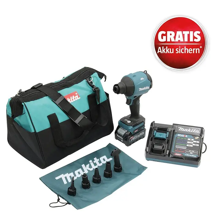 Makita XGT 40V max. Akku-Gebläse AS001GA102 - 40 V, 1 Akku, Geschwindigkeit: 200 m/s - Makita Schlagschrauber-Set mit türkis/schwarzer Werkzeugtasche, Akku, Ladegerät, Schlagschrauber und Steckschlüssel-Set. Roter 'GRATIS Akku sichern*'-Aufkleber.