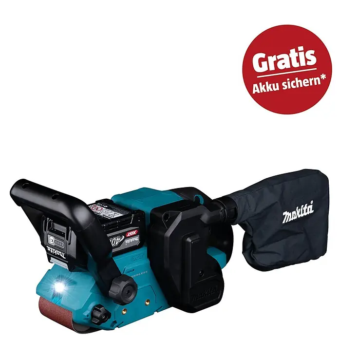 Makita XGT 40V max. Akku-Bandschleifer BS001GZ - 40 V, Ohne Akku - Makita Akku-Bandschleifer in Türkis und Schwarz mit Akku, Staubfangbeutel und beleuchtetem Schleifbereich.