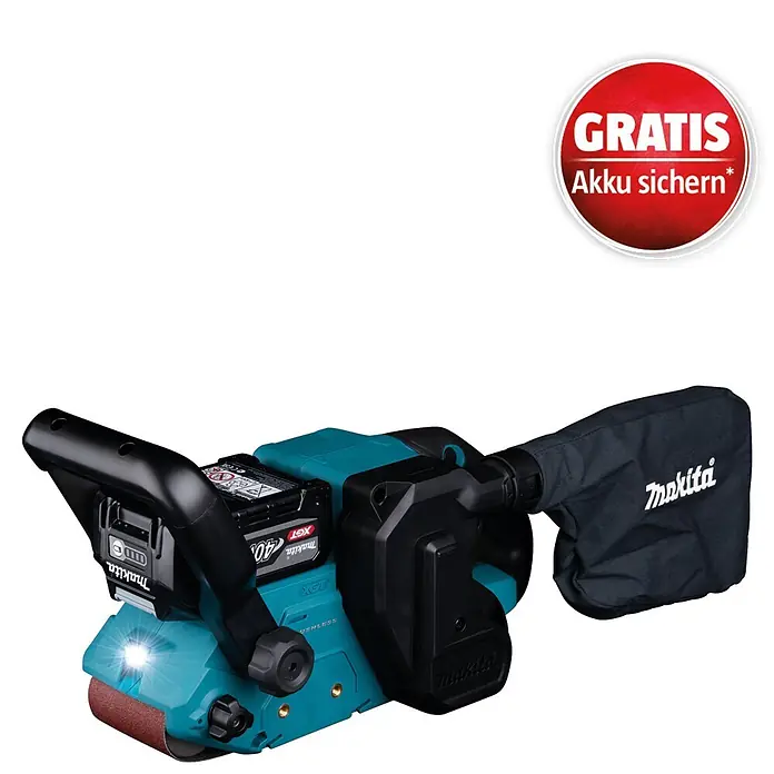 Makita XGT 40V max. Akku-Bandschleifer BS001GZ - 40 V, Ohne Akku - Makita Akku-Bandschleifer in Türkis und Schwarz mit Akku, Staubfangbeutel und beleuchtetem Schleifbereich.