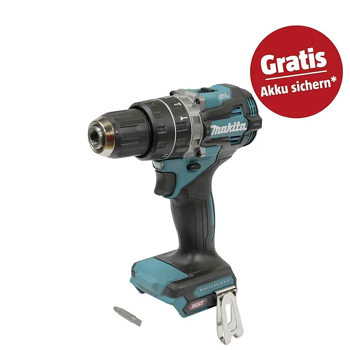 Makita XGT 40V max. Akku-Schlagbohrschrauber HP002GZ - 40 V, Ohne Akku, 64 Nm - Blau-schwarzer Makita Akku-Bohrschrauber mit Bohrer und Gürtelclip.