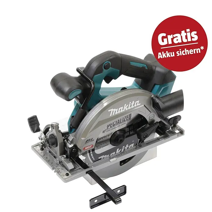 Makita XGT 40V max. Akku-Handkreissäge HS012GZ - 40 V, Ohne Akku, Durchmesser Sägeblatt: 165 mm, 5.200 U/min - Akku-Kreissäge von Makita in Schwarz, Türkis und Silber, mit Aktionsaufkleber für einen Gratis-Akku.