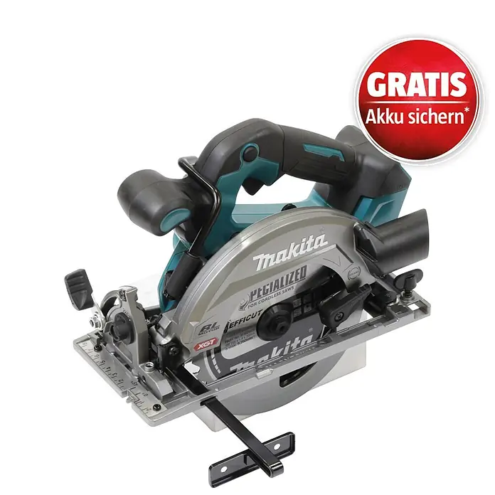 Makita XGT 40V max. Akku-Handkreissäge HS012GZ - 40 V, Ohne Akku, Durchmesser Sägeblatt: 165 mm, 0 U/min - 5.200 U/min - Akku-Kreissäge von Makita in Schwarz, Türkis und Silber, mit Aktionsaufkleber für einen Gratis-Akku.