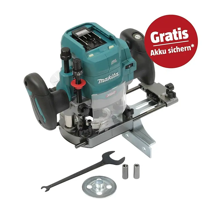 Makita XGT 40V max. Akku-Oberfräse RP001GZ - 40 V, 1 Akku, 8.000 U/min - 25.000 U/min, 6 mm - 12 mm - Makita XGT Akku-Oberfräse in Türkis/Schwarz, mit Schraubenschlüssel, Spannzangen und rotem "GRATIS Akku sichern" Aufkleber.