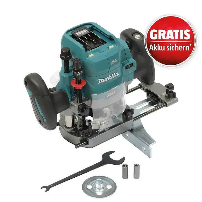 Makita Oberfräse RP001GZ - 40 V, 1 Akku - Makita XGT Akku-Oberfräse in Türkis/Schwarz, mit Schraubenschlüssel, Spannzangen und rotem "GRATIS Akku sichern" Aufkleber.